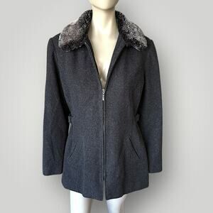 Collection By Gallery Wool Blend Zip Up Peacoat Faux Fur Collar Size L Dark Gray